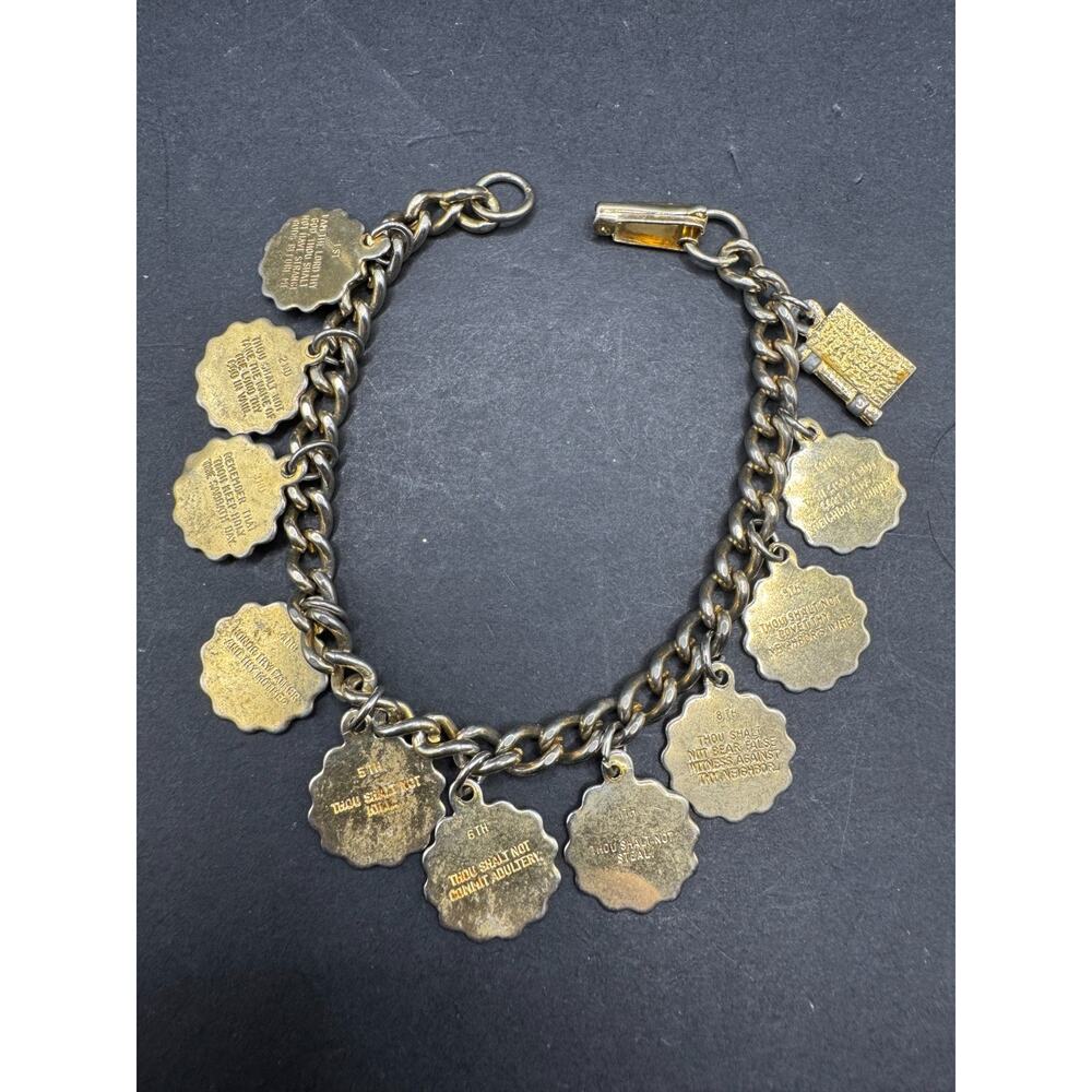Vintage 1960’s 10 Ten Commandments Gold Tone Charm Bracelet Solid Heavy Chain